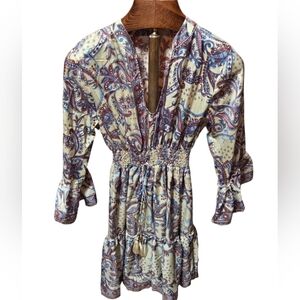 Zury Silk Blend Paisley Smocked Waist Babydoll Flowy Mini Dress Size XS/S
